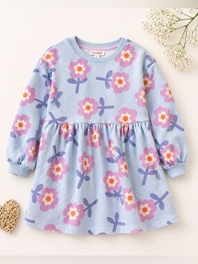 Cat & Jack Blue Floral Long Sleeve Twirl Dress with Pink & Purple Flowers 4T